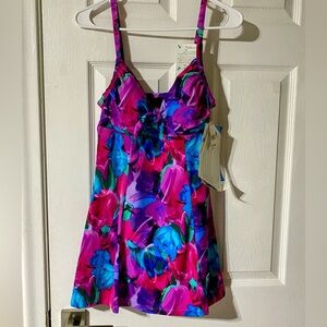 A Shore Fit Vibrant Floral Missy Swim Dress NWT